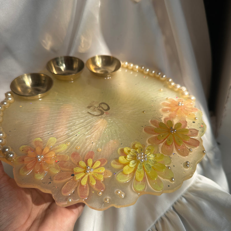 Vibrant Hue Resin Pooja Thali – 8 Inch | Handmade Decorative Festival Plate with Brass Katories | Perfect for Diwali, Karwa Chauth & Festive Rituals