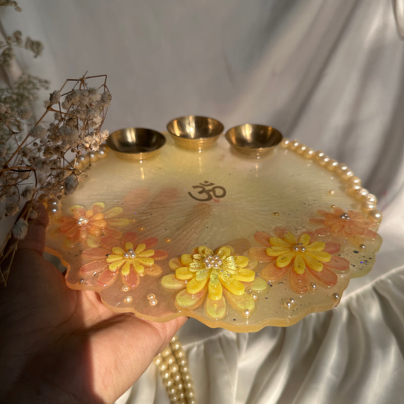 Vibrant Hue Resin Pooja Thali – 8 Inch | Handmade Decorative Festival Plate with Brass Katories | Perfect for Diwali, Karwa Chauth & Festive Rituals
