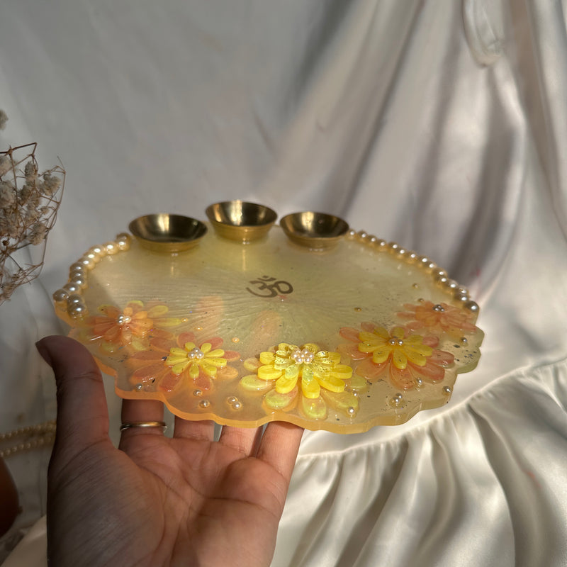 Vibrant Hue Resin Pooja Thali – 8 Inch | Handmade Decorative Festival Plate with Brass Katories | Perfect for Diwali, Karwa Chauth & Festive Rituals
