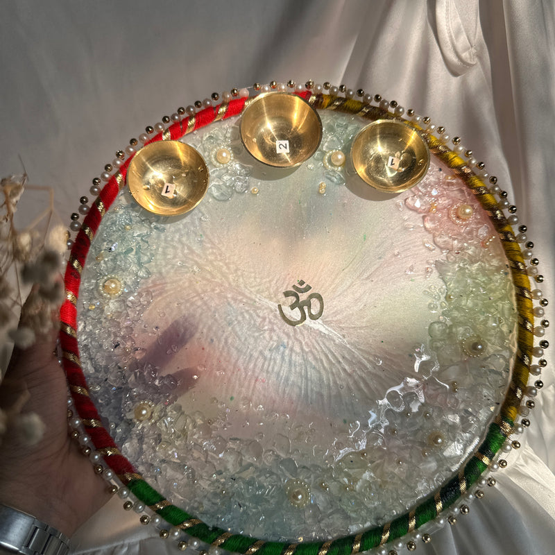 Pastel Hues Resin Pooja Thali – 10 Inch | Handmade Kundan Border Pooja Plate with Brass Katories & Crystal Embellishments | Perfect for Diwali, Karwa Chauth & Festive Decor