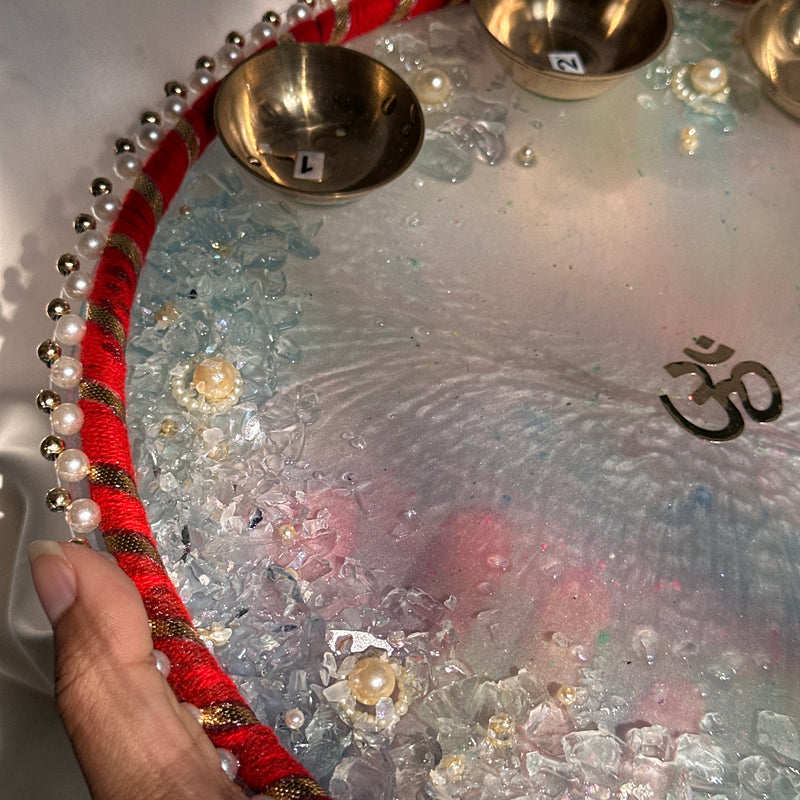 Pastel Hues Resin Pooja Thali – 10 Inch | Handmade Kundan Border Pooja Plate with Brass Katories & Crystal Embellishments | Perfect for Diwali, Karwa Chauth & Festive Decor