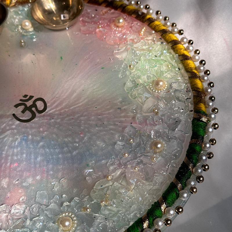 Pastel Hues Resin Pooja Thali – 10 Inch | Handmade Kundan Border Pooja Plate with Brass Katories & Crystal Embellishments | Perfect for Diwali, Karwa Chauth & Festive Decor