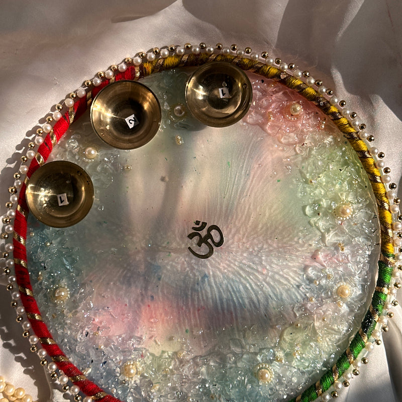 Pastel Hues Resin Pooja Thali – 10 Inch | Handmade Kundan Border Pooja Plate with Brass Katories & Crystal Embellishments | Perfect for Diwali, Karwa Chauth & Festive Decor