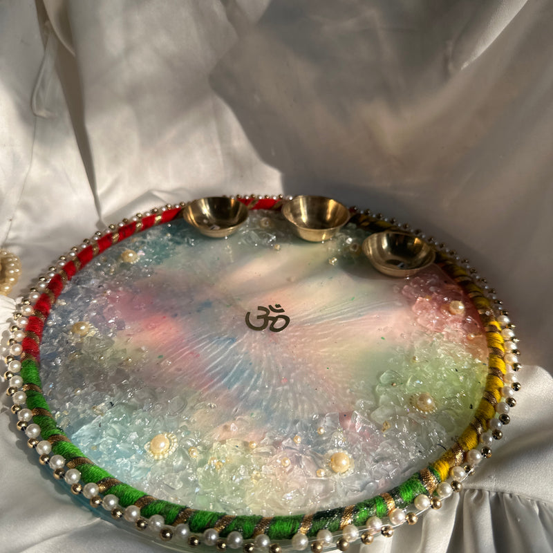 Pastel Hues Resin Pooja Thali – 10 Inch | Handmade Kundan Border Pooja Plate with Brass Katories & Crystal Embellishments | Perfect for Diwali, Karwa Chauth & Festive Decor