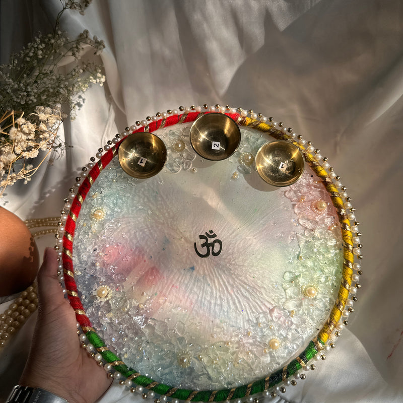 Pastel Hues Resin Pooja Thali – 10 Inch | Handmade Kundan Border Pooja Plate with Brass Katories & Crystal Embellishments | Perfect for Diwali, Karwa Chauth & Festive Decor