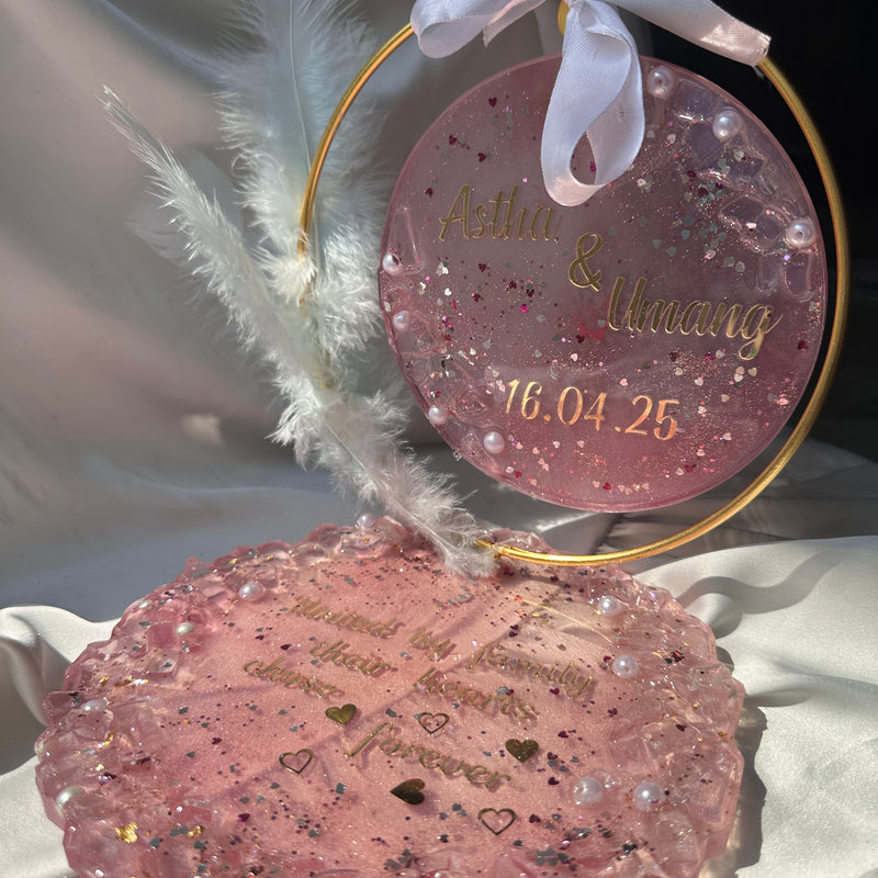Personalized Engagement Ring Platter | Custom Name & Date Resin Platter with Feather Hoop | Elegant Engagement Decor & Keepsake Gift