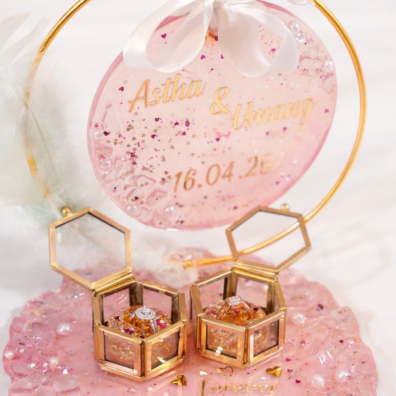 Personalized Engagement Ring Platter | Custom Name & Date Resin Platter with Feather Hoop | Elegant Engagement Decor & Keepsake Gift