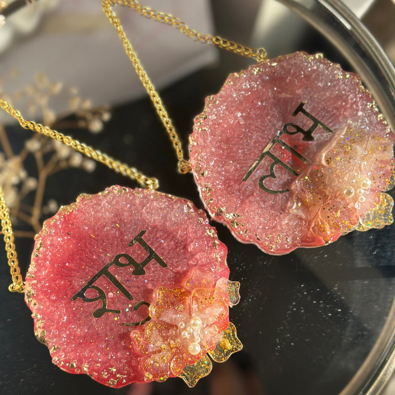 Shubh Labh Hanging β Set of 2 | 4 Inch Crystal Flower & Pearl Design | Auspicious Wall Hanging for Home, Office & Festive Decor | Perfect for Diwali & Gifting
