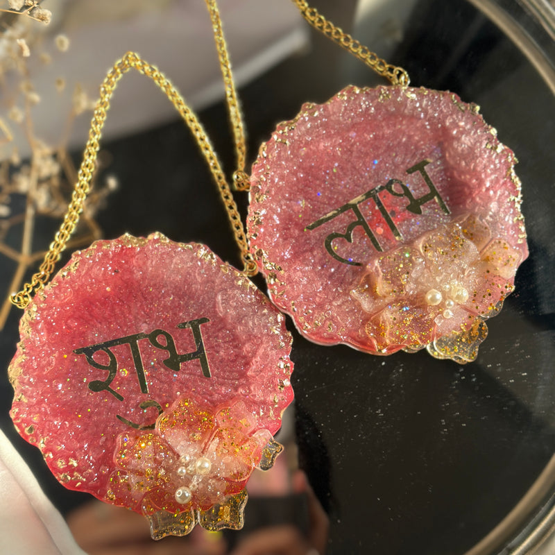 Shubh Labh Hanging β Set of 2 | 4 Inch Crystal Flower & Pearl Design | Auspicious Wall Hanging for Home, Office & Festive Decor | Perfect for Diwali & Gifting