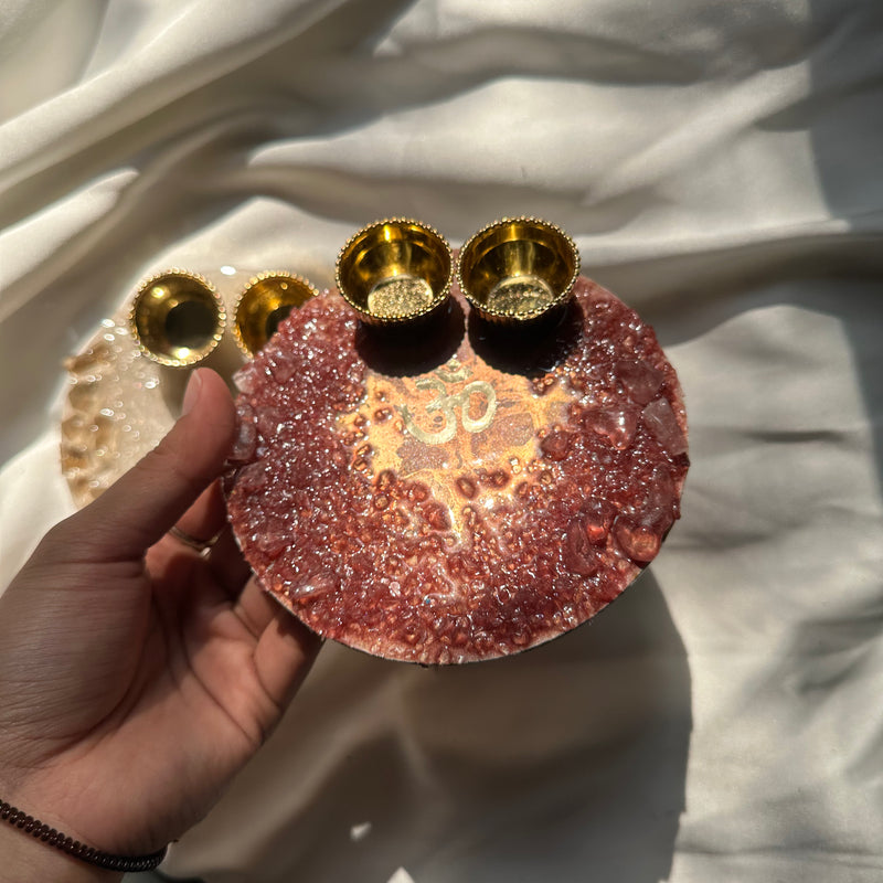 Mini Crystal Pooja Thali – 6 Inch | Handmade Decorative Pooja Plate for Diwali, Karwa Chauth & Gifting | Elegant Festive Pooja Decor