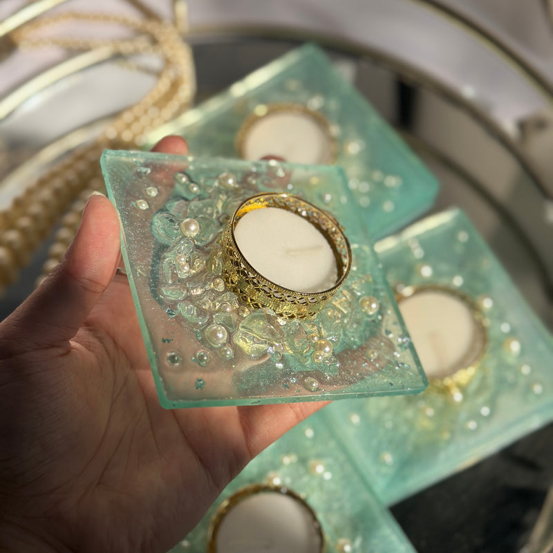 Elegant Mint Green Crystal Square Candle Holder Set of 2 pcs – Diwali Décor & Luxury Gifting for your Loved Ones