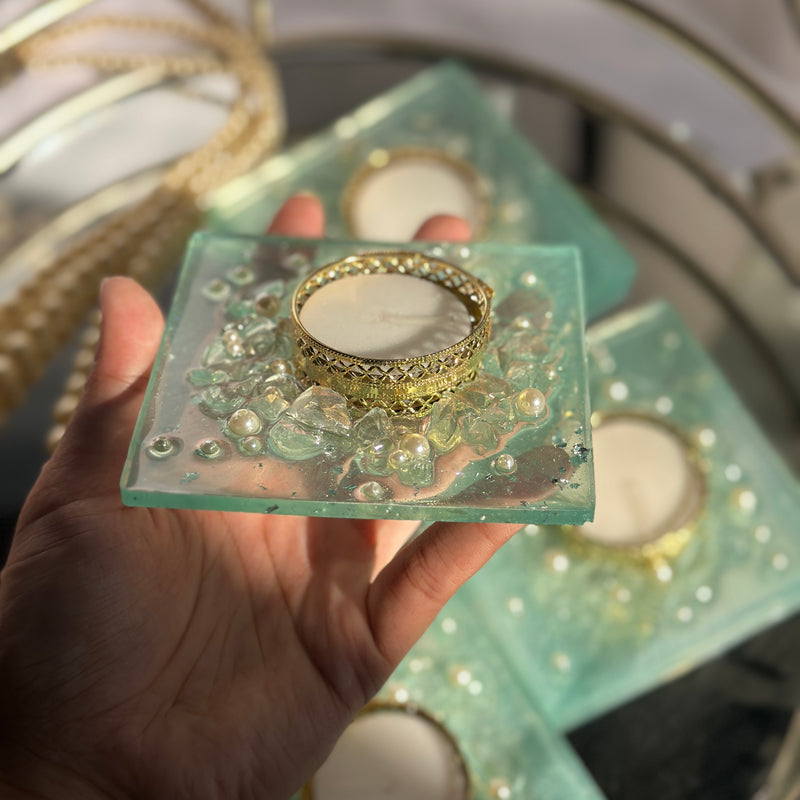 Elegant Mint Green Crystal Square Candle Holder Set of 2 pcs – Diwali Décor & Luxury Gifting for your Loved Ones