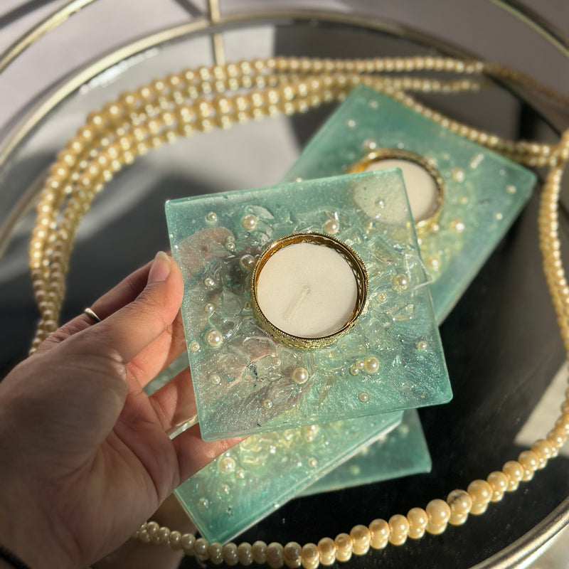 Elegant Mint Green Crystal Square Candle Holder Set of 2 pcs – Diwali Décor & Luxury Gifting for your Loved Ones