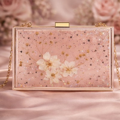 Blush Bloom Resin Clutch for Women | Handcrafted with Real Dried Flowers & Golden Chain , Lovely for Gifting