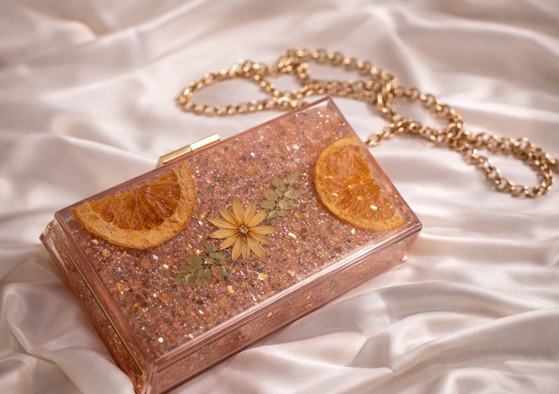 Real Dried Flower & Fruit Resin Clutch for Women | Handmade Valentine Statement Purse