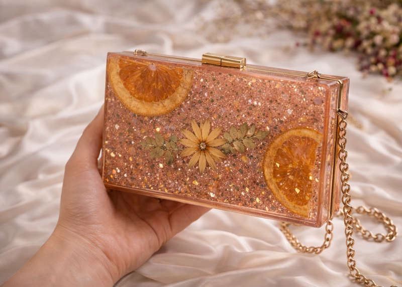 Real Dried Flower & Fruit Resin Clutch for Women | Handmade Valentine Statement Purse