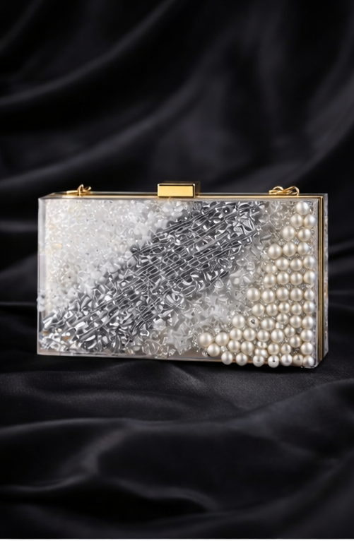 Party Cocktail Clutch | Handmade Silver Pearl Effect Evening Purse