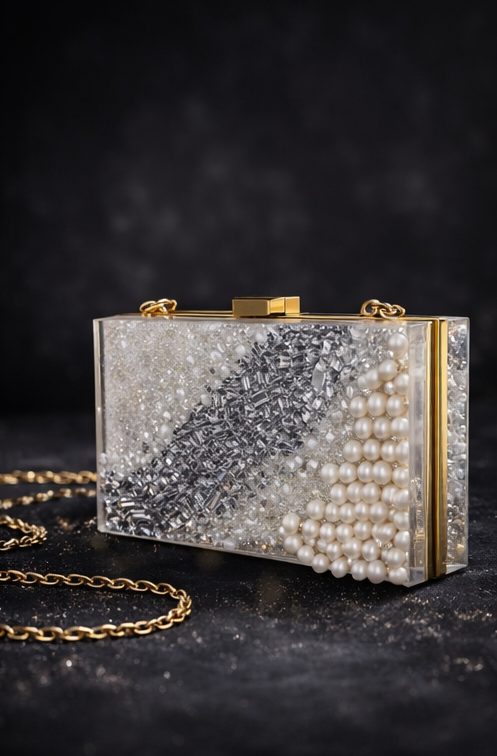 Party Cocktail Clutch | Handmade Silver Pearl Effect Evening Purse