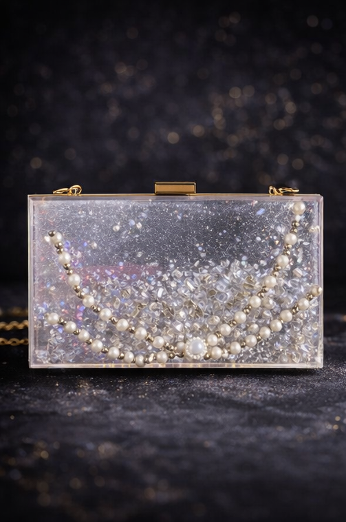 Luxury Pearl Clutch with Crystal Accents | Handmade Party Evening Bag