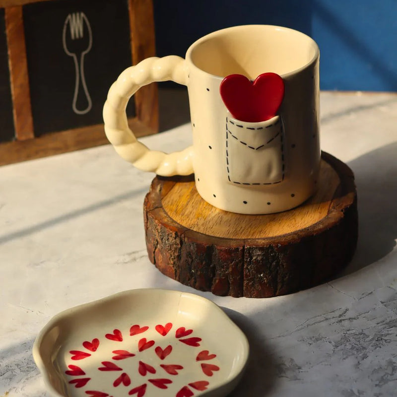Love Letter Ceramic Mug with Heart Dessert Plate | Handmade Valentine’s Gift | Romantic Coffee Mug | Luxury Ceramic Set