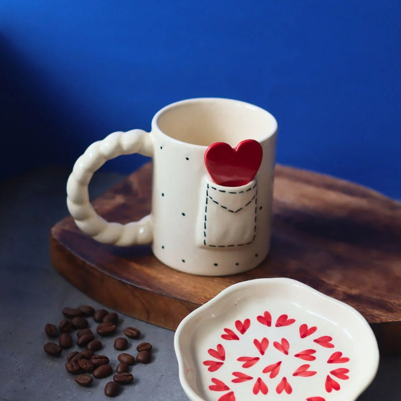 Love Letter Ceramic Mug with Heart Dessert Plate | Handmade Valentine’s Gift | Romantic Coffee Mug | Luxury Ceramic Set