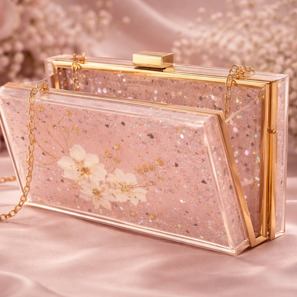 Pink Floral Resin Purse | Valentine’s Gift Handmade Flower Clutch with Gold Chain | Gift for Her