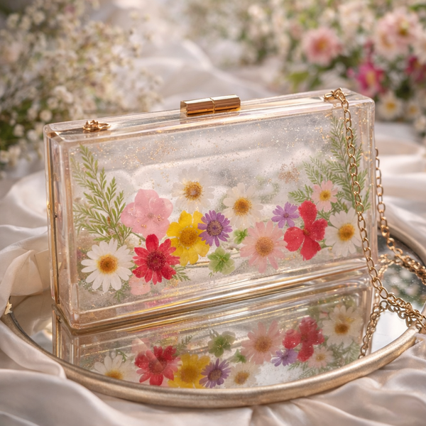 Garden Bloom Resin Clutch | Handcrafted with Real Dried Flowers & Golden Chain for Women