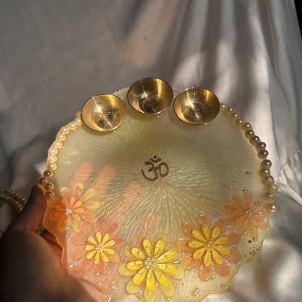 Vibrant Hue Resin Pooja Thali – 8 Inch | Handmade Decorative Festival Plate with Brass Katories | Perfect for Diwali, Karwa Chauth & Festive Rituals