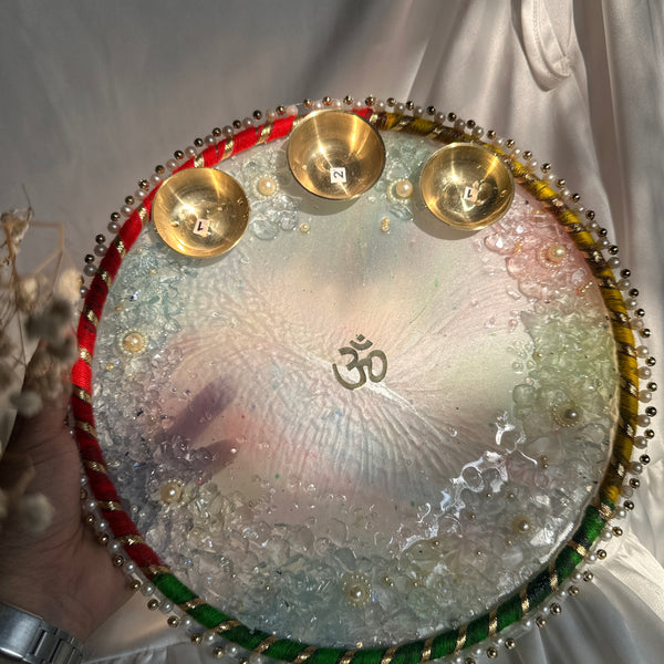 Pastel Hues Resin Pooja Thali – 10 Inch | Handmade Kundan Border Pooja Plate with Brass Katories & Crystal Embellishments | Perfect for Diwali, Karwa Chauth & Festive Decor