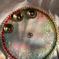 Pastel Hues Resin Pooja Thali – 10 Inch | Handmade Kundan Border Pooja Plate with Brass Katories & Crystal Embellishments | Perfect for Diwali, Karwa Chauth & Festive Decor