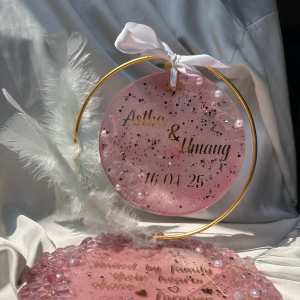 Personalized Engagement Ring Platter | Custom Name & Date Resin Platter with Feather Hoop | Elegant Engagement Decor & Keepsake Gift