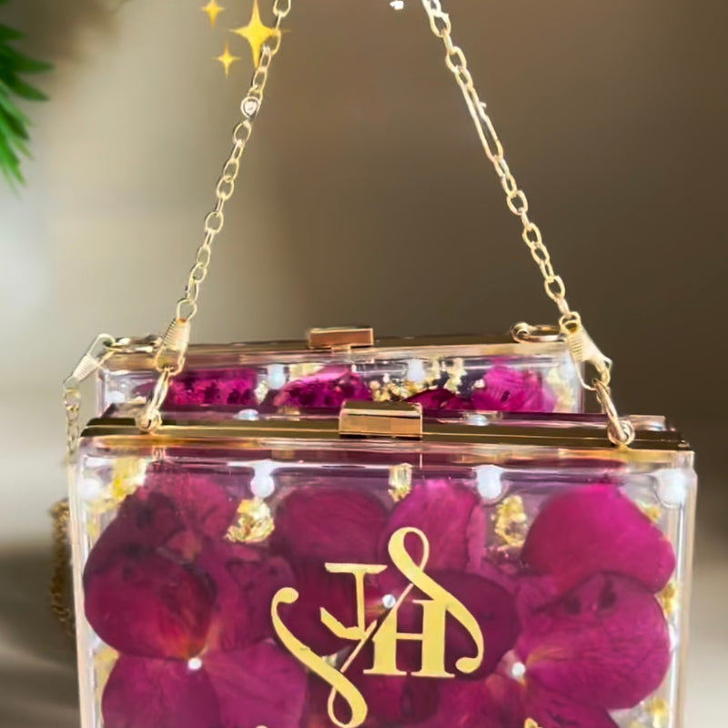 Custom Name Rose Purse | Personalized Valentine’s Gift for Her | Real Rose Petals Resin Bag with Gold Chain | Romantic Gift