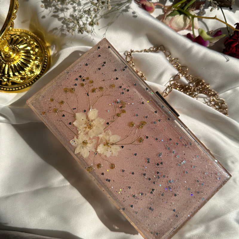 Blush Bloom Resin Clutch for Women | Handcrafted with Real Dried Flowers & Golden Chain , Lovely for Gifting