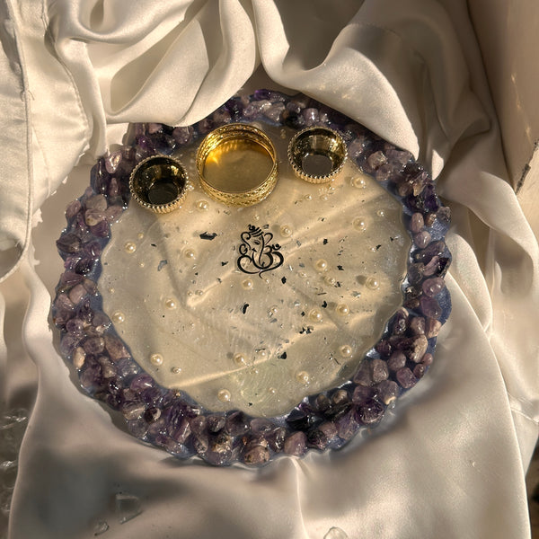 Amethyst Crystal Pooja Thali with Roli Chawal Holder – Divine Diwali Aarti Plate for Positive Energy & Décor, Puja Thali for Home