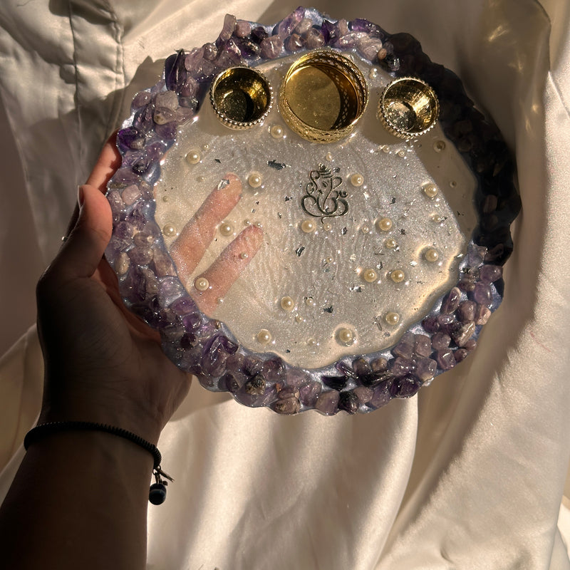 Amethyst Crystal Pooja Thali with Roli Chawal Holder – Divine Diwali Aarti Plate for Positive Energy & Décor, Puja Thali for Home