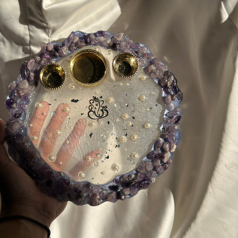Amethyst Crystal Pooja Thali with Roli Chawal Holder – Divine Diwali Aarti Plate for Positive Energy & Décor, Puja Thali for Home