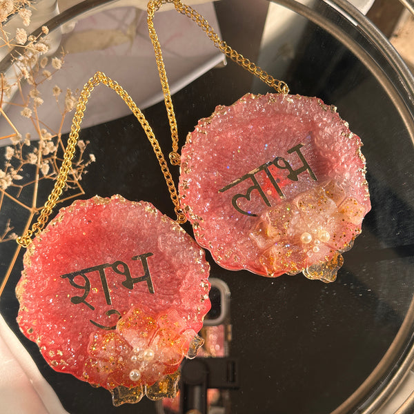 Shubh Labh Hanging – Set of 2 | 4 Inch Crystal Flower & Pearl Design | Auspicious Wall Hanging for Home, Office & Festive Decor | Perfect for Diwali & Gifting