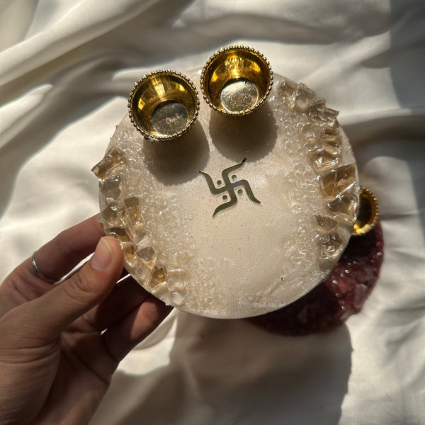 Mini Crystal Pooja Thali – 6 Inch | Handmade Decorative Pooja Plate for Diwali, Karwa Chauth & Gifting | Elegant Festive Pooja Decor