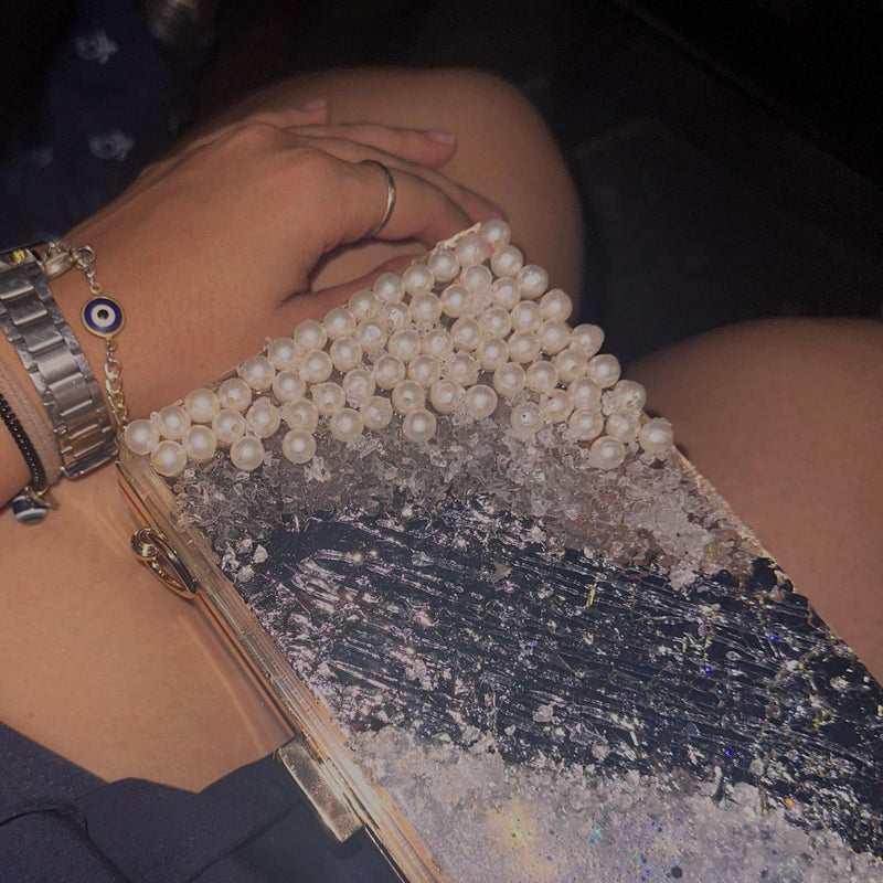 Party Cocktail Clutch | Handmade Silver Pearl Effect Evening Purse
