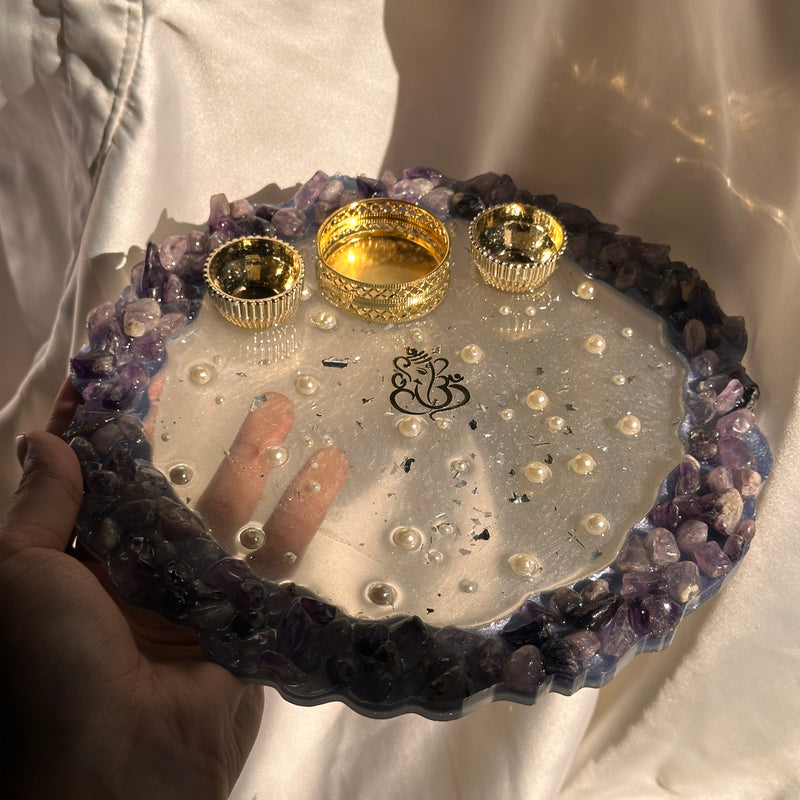 Amethyst Crystal Pooja Thali with Roli Chawal Holder – Divine Diwali Aarti Plate for Positive Energy & Décor, Puja Thali for Home