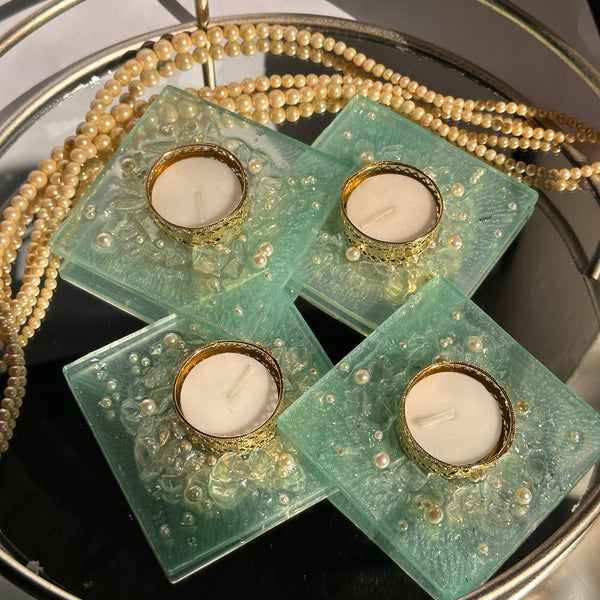 Elegant Mint Green Crystal Square Candle Holder Set of 2 pcs – Diwali Décor & Luxury Gifting for your Loved Ones